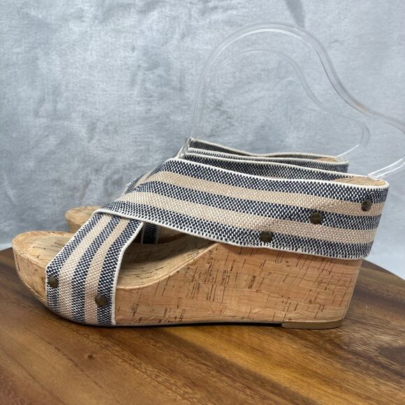 Lucky Brand Sandals 9.5 M Platform Wedge Blue Striped Linen Cork Heel Miller2 - Picture 5 of 14